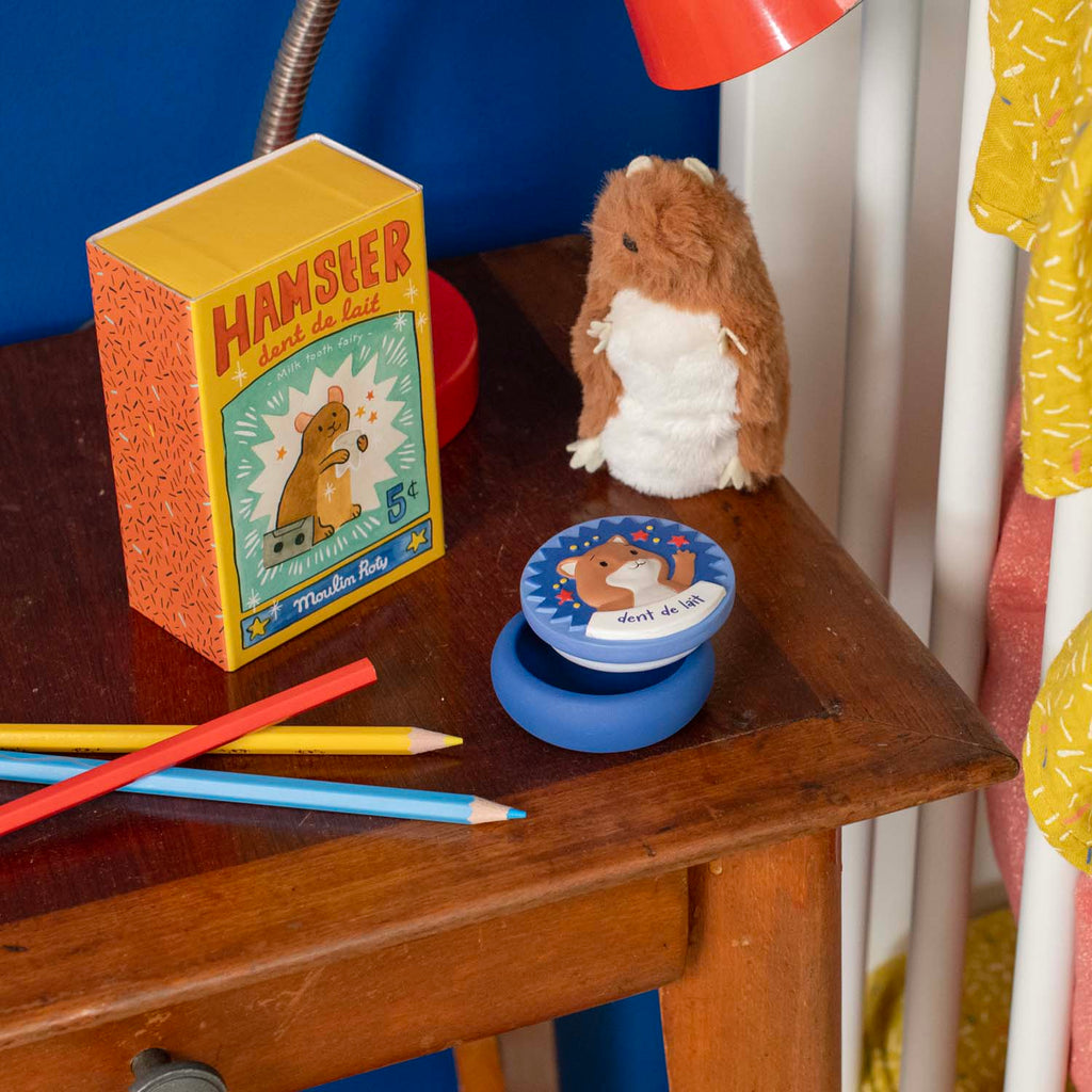 Hamster, milk tooth fairy with box