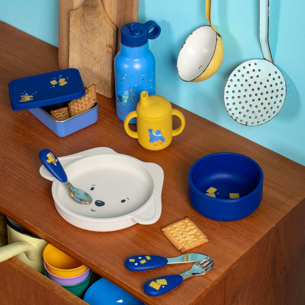 Cutlery set in silicone and stainless steel, Puce and Pilou