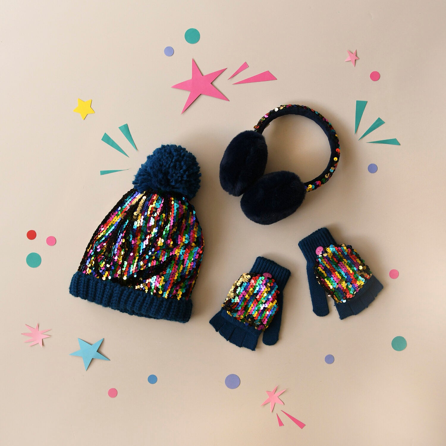 Guanti in maglia, Paillettes arcobaleno (3-6 anni)