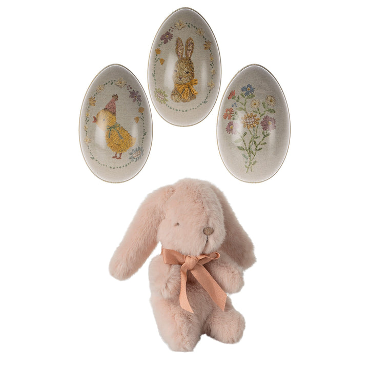 Coniglietto powder mini peluche con uovo di Pasqua in metallo