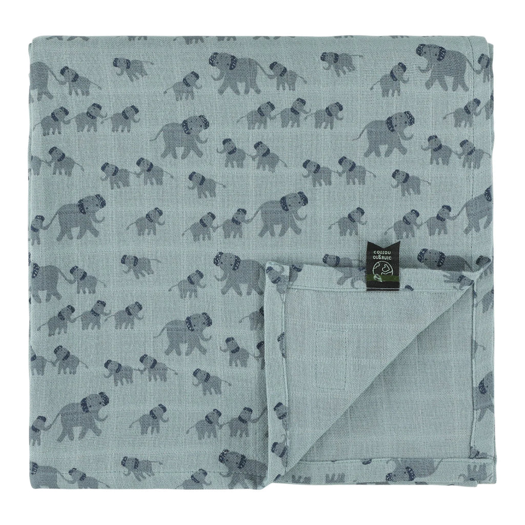 Couverture en mousseline de coton biologique, Éléphants bleus
