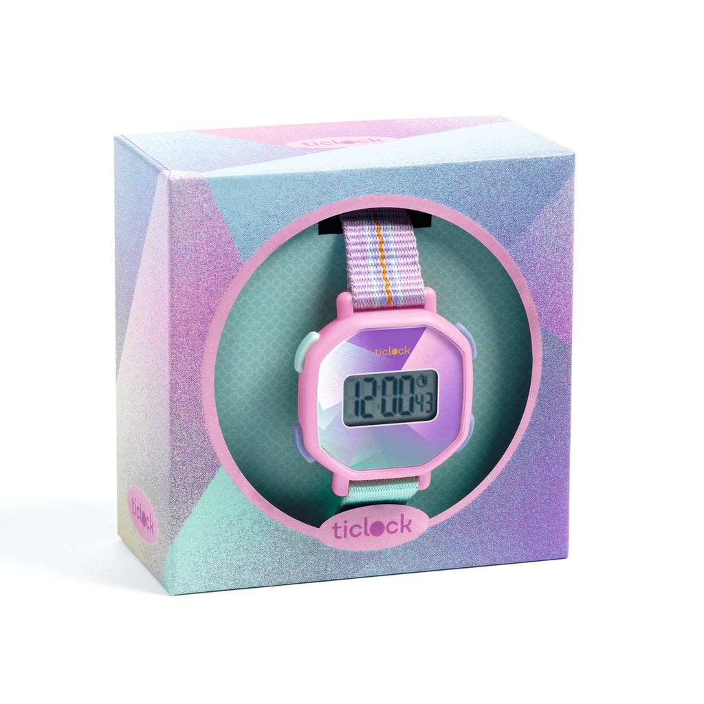 Orologio Purple prisma di Djeco nella sua confezione