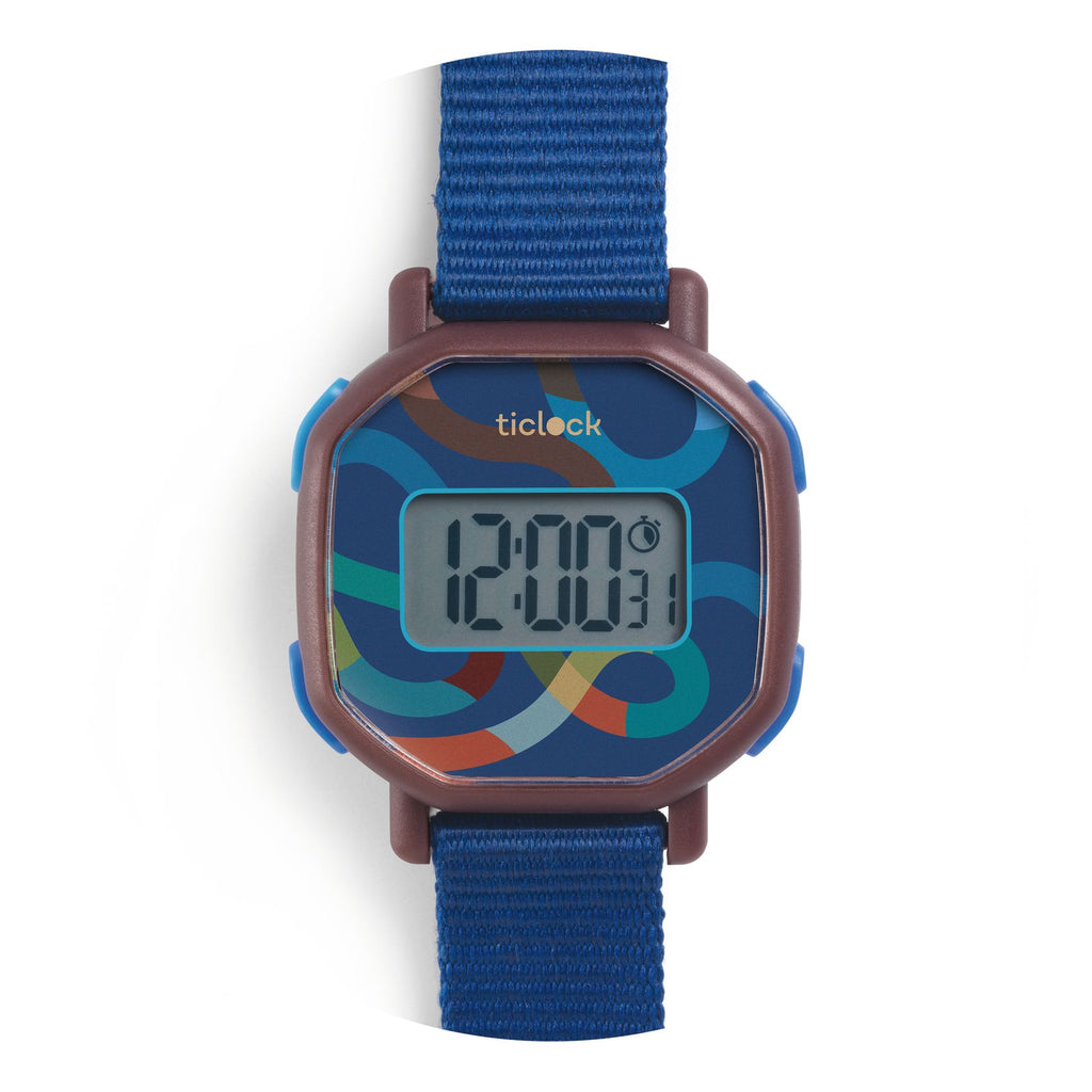 Orologio digitale per bambini Blue volute di Djeco, blu scuro con motivi colorati
