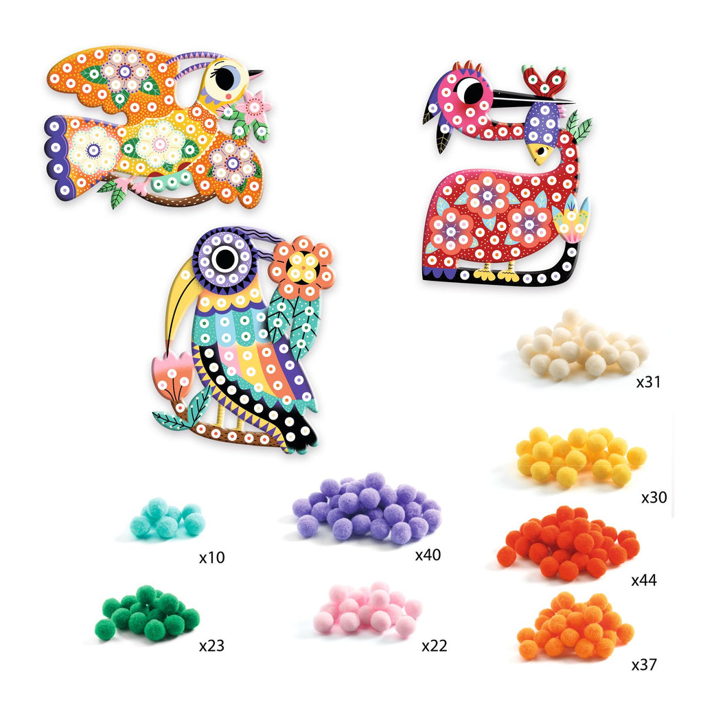 Pom-pom pictures collage, Birds