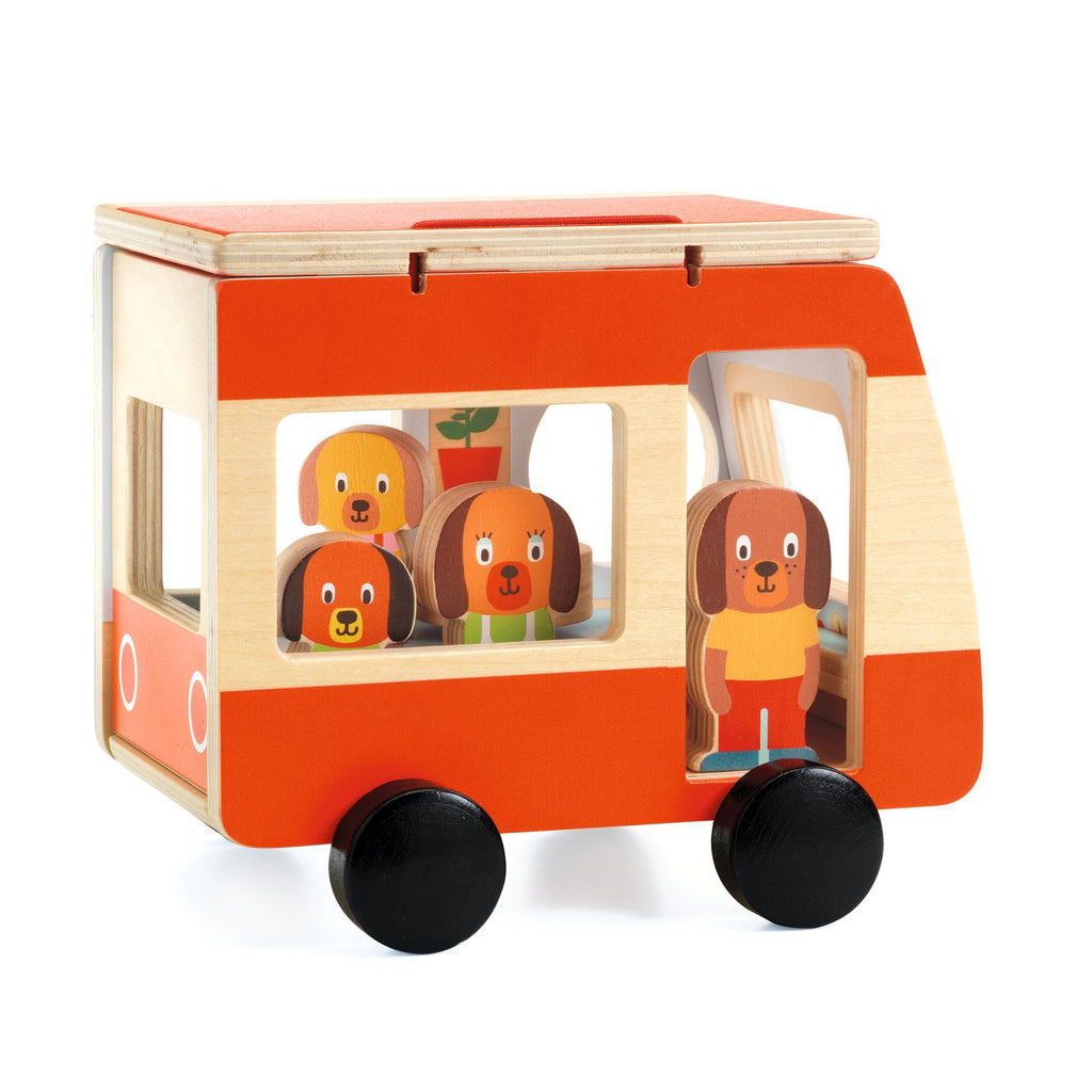 Wooden camper van with characters, Minicombi