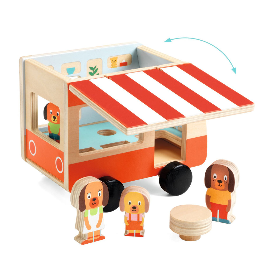 Wooden camper van with characters, Minicombi