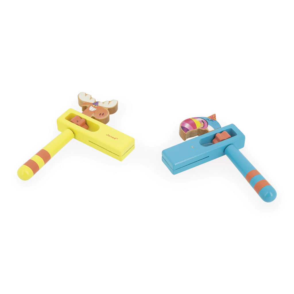 Wooden guiro frogs, Moose and Toucan