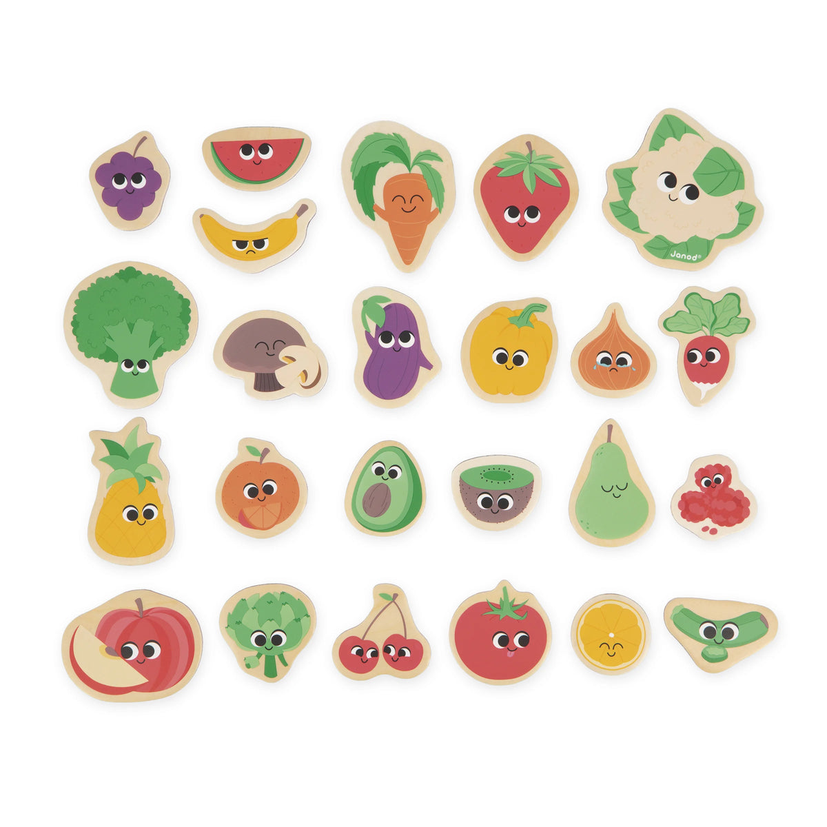Wooden Fruit & Vegetable Magnets – 24 Pieces