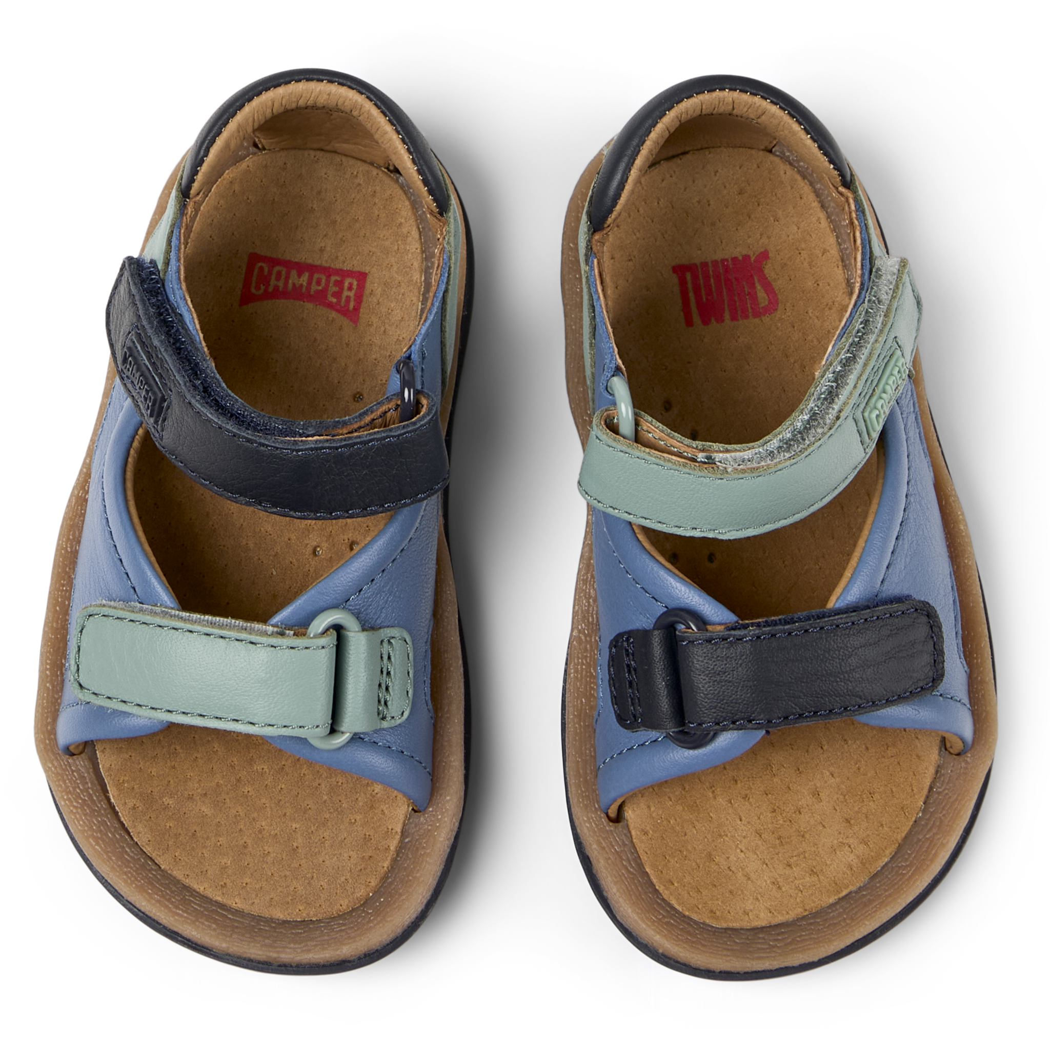 Open sandals with two straps in blue green leather