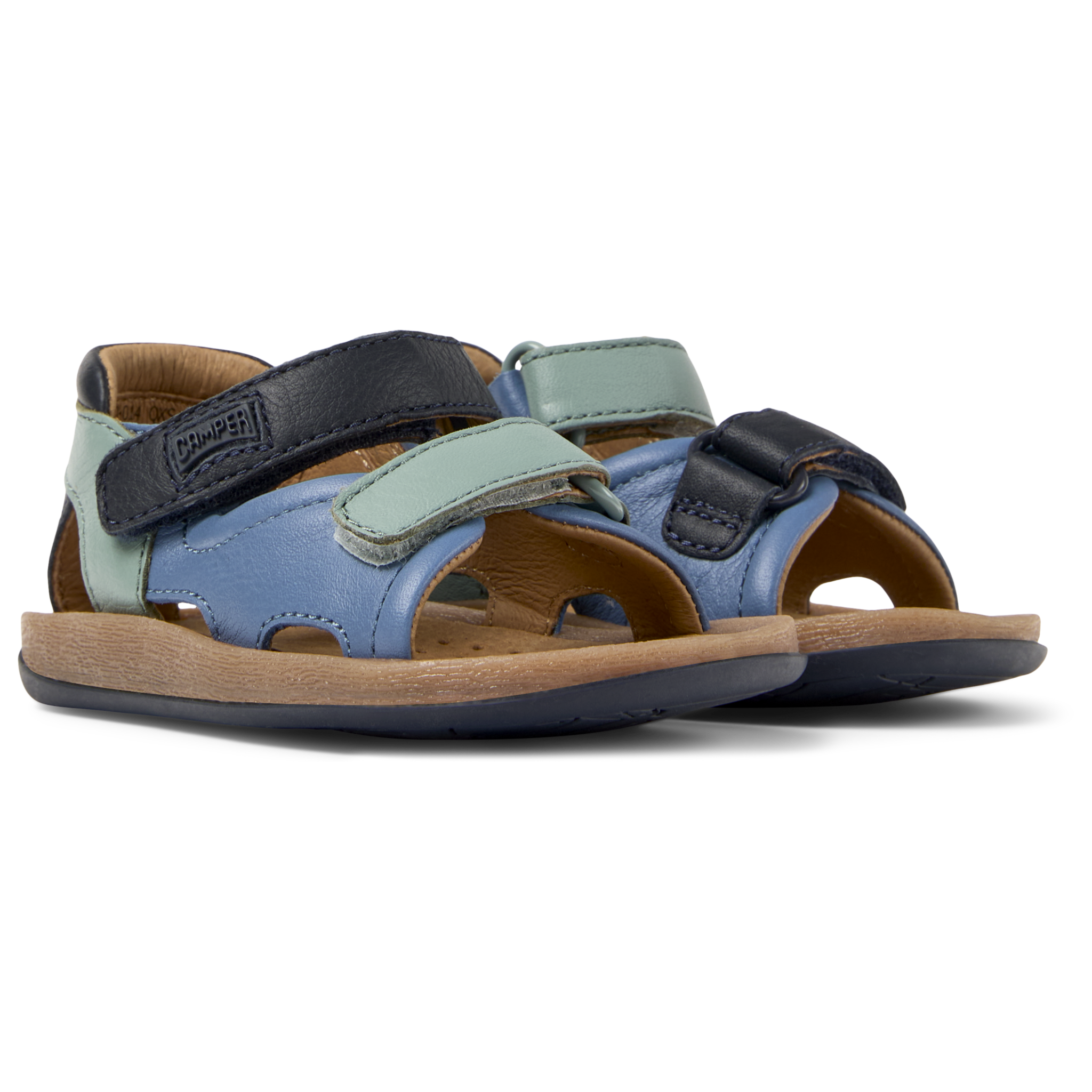Open sandals with two straps in blue green leather