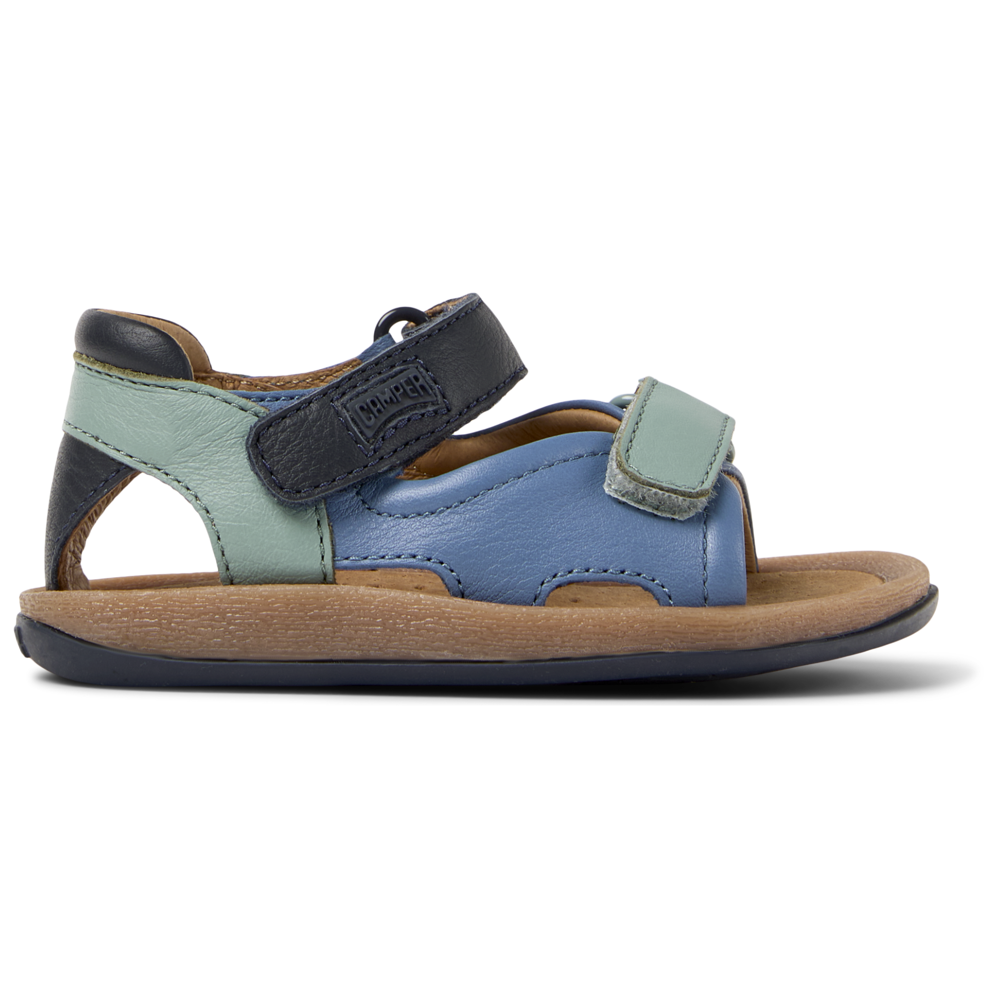 Open sandals with two straps in blue green leather