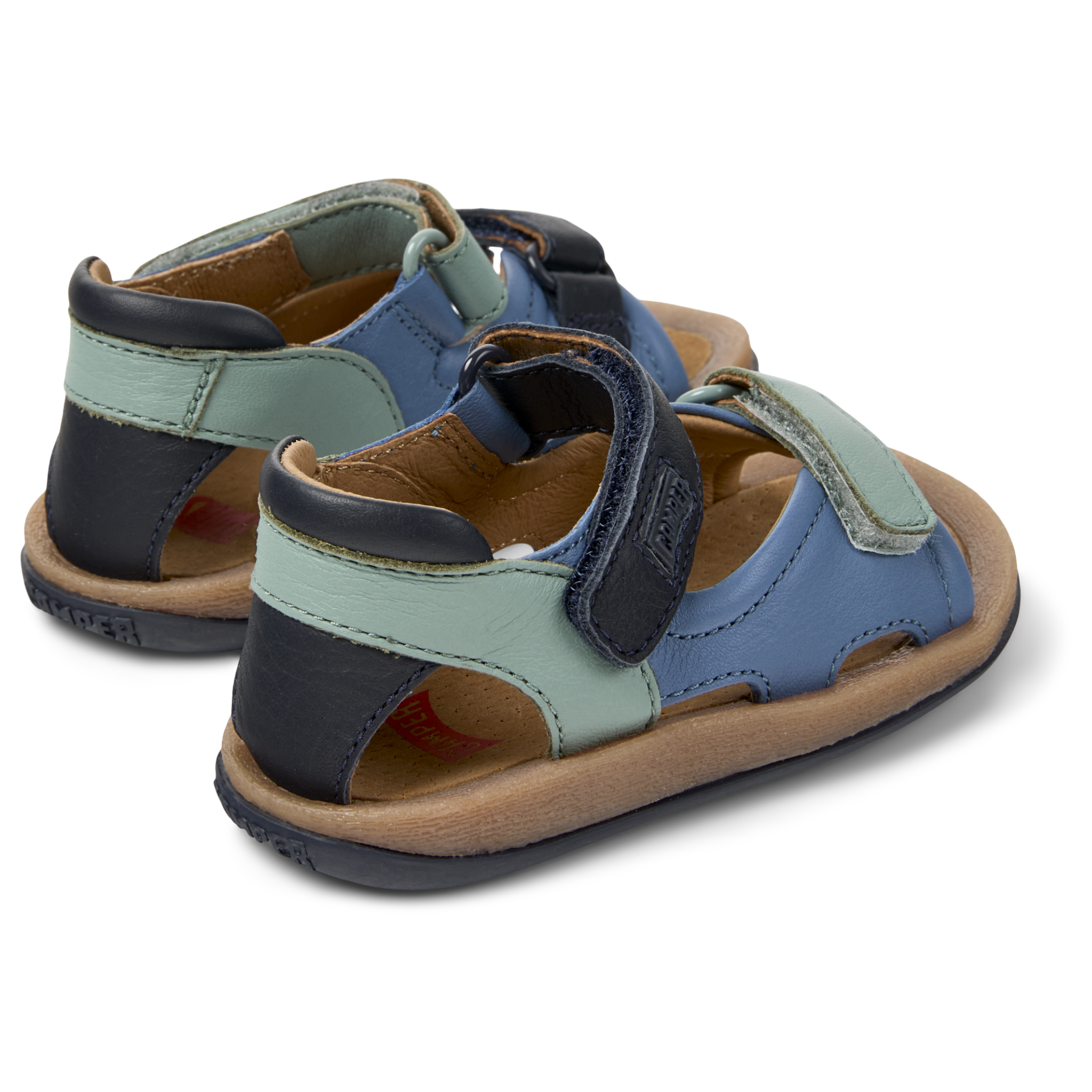 Open sandals with two straps in blue green leather