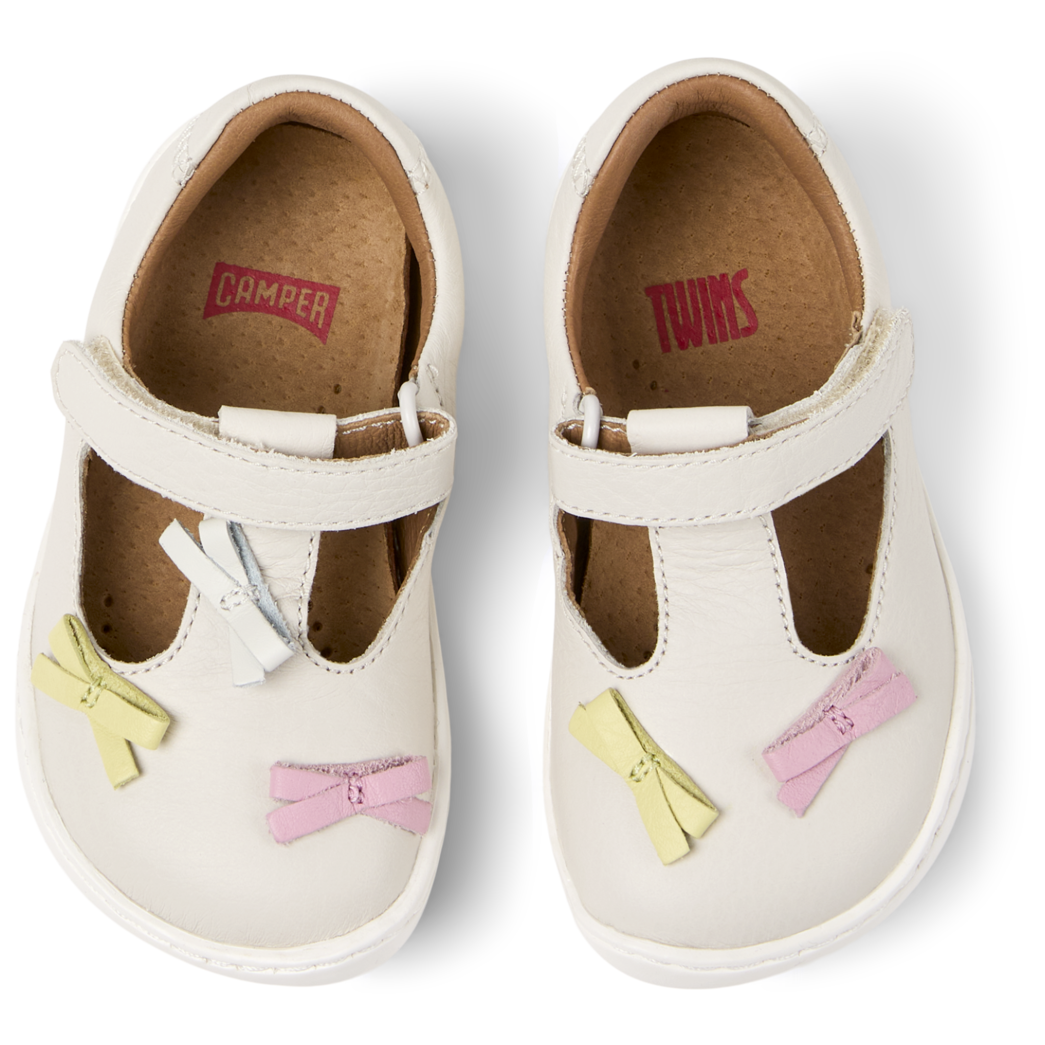 White Leather T-Strap Closed Toe Sandals with Bows