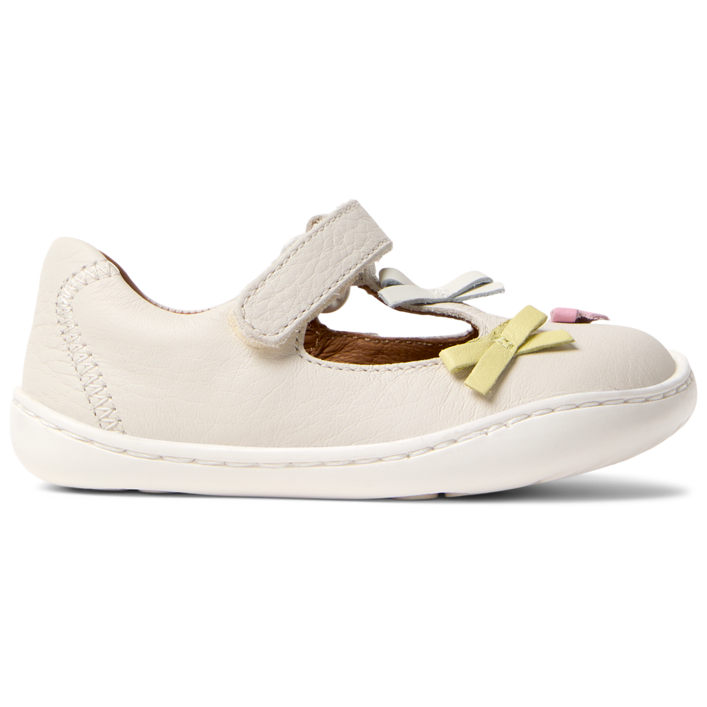 White Leather T-Strap Closed Toe Sandals with Bows