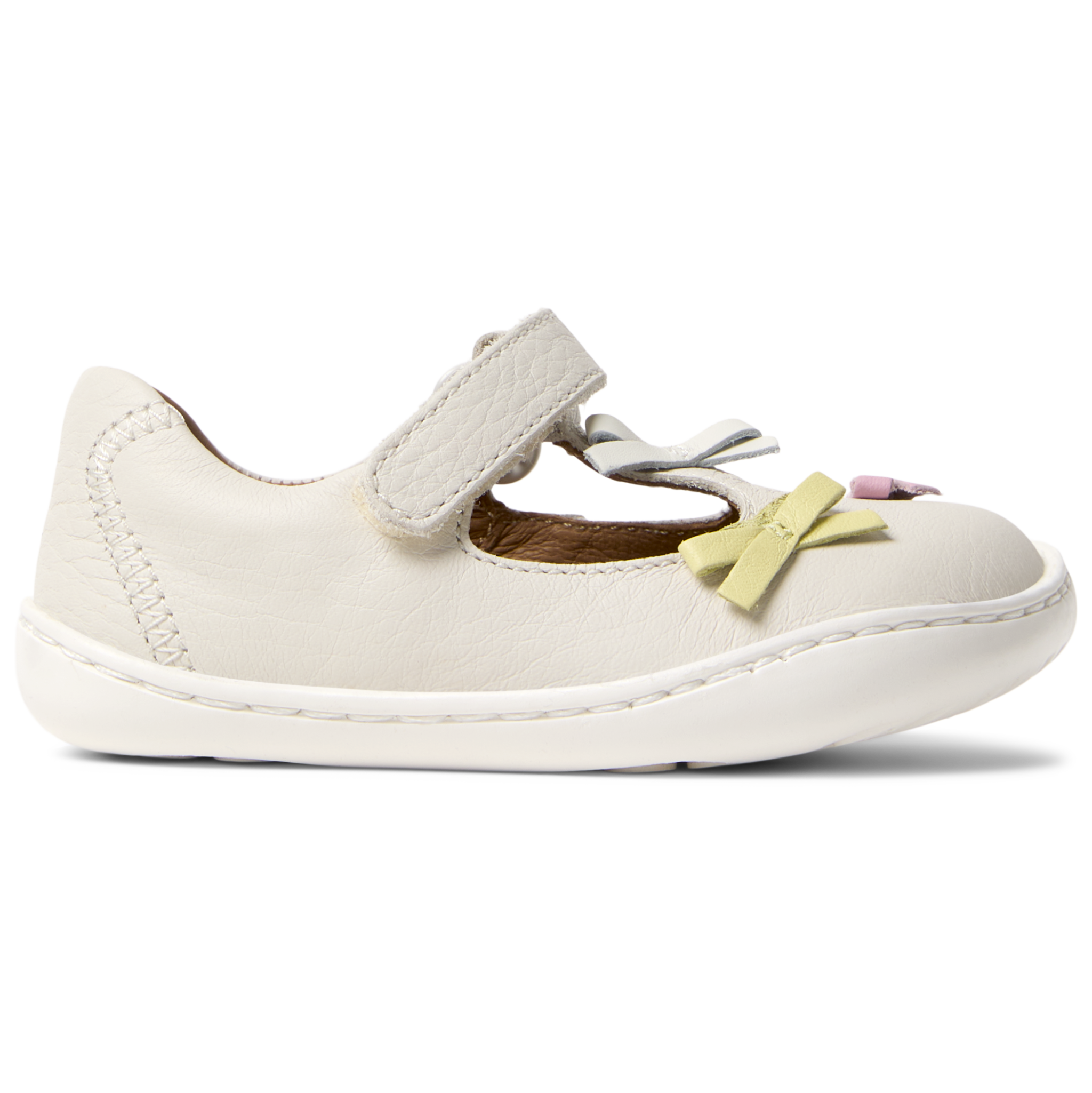 White Leather T-Strap Closed Toe Sandals with Bows