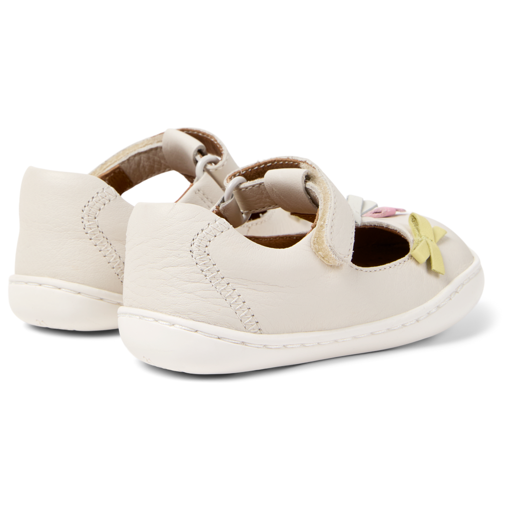 White Leather T-Strap Closed Toe Sandals with Bows