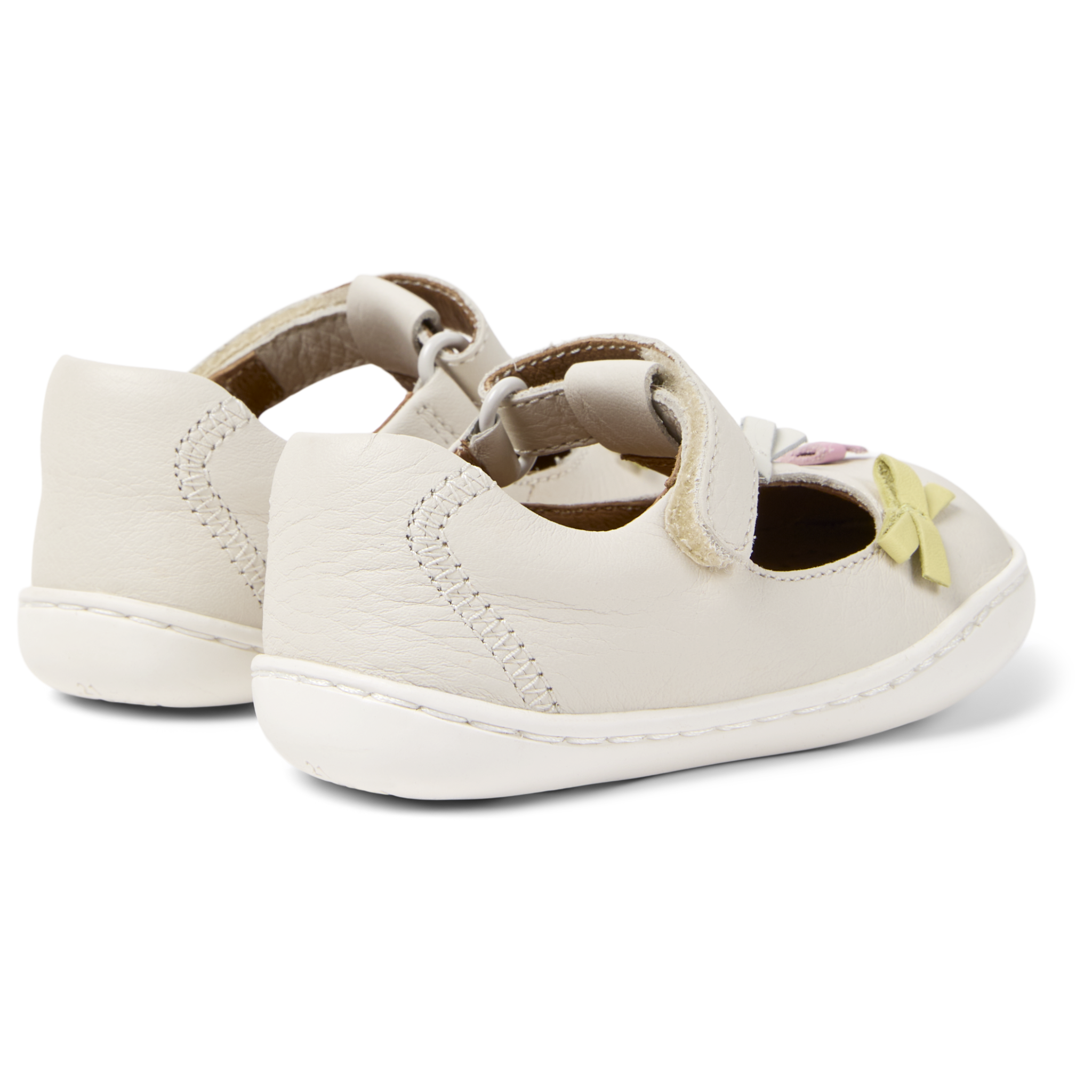 White Leather T-Strap Closed Toe Sandals with Bows
