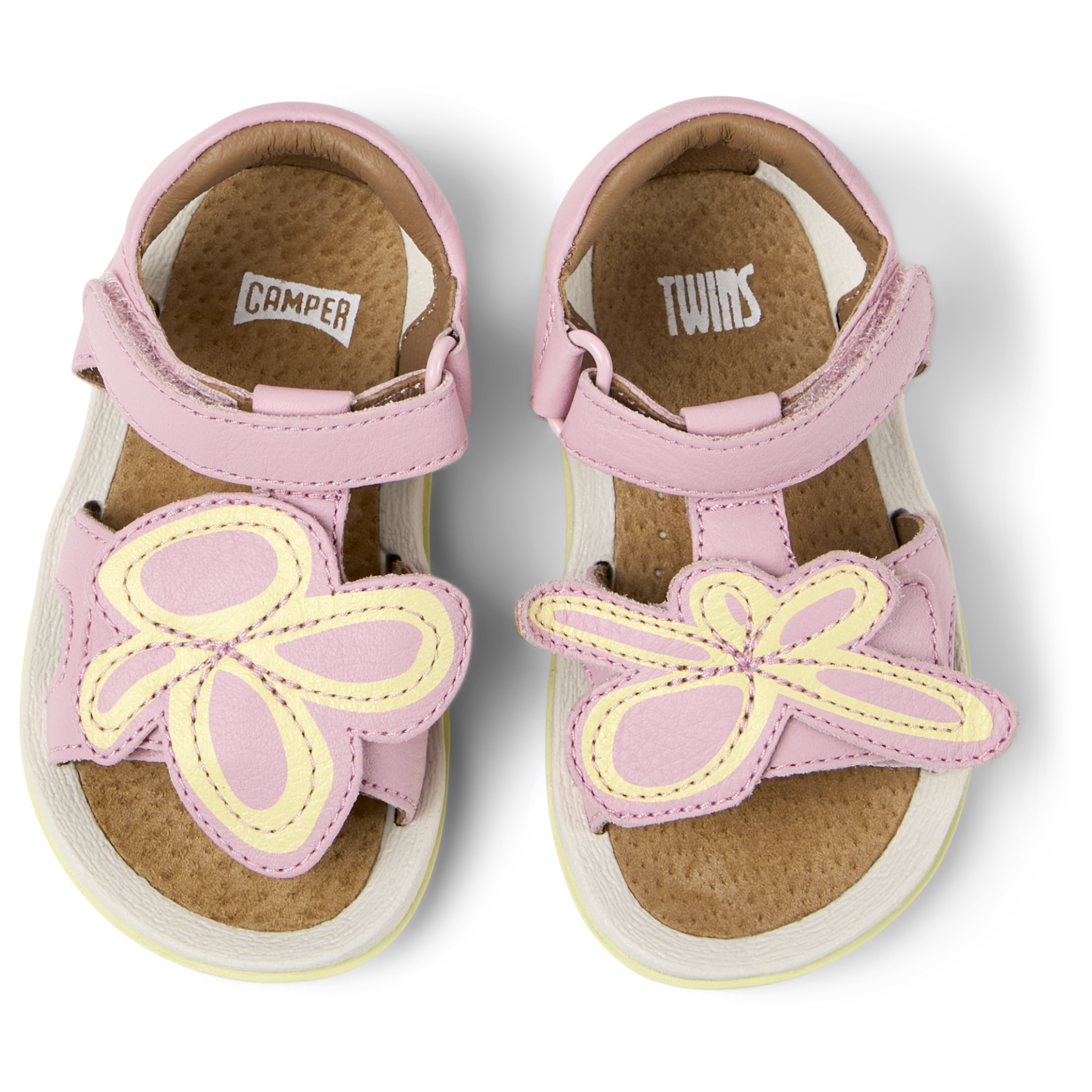 Open sandals in pink leather with flowers, Twins
