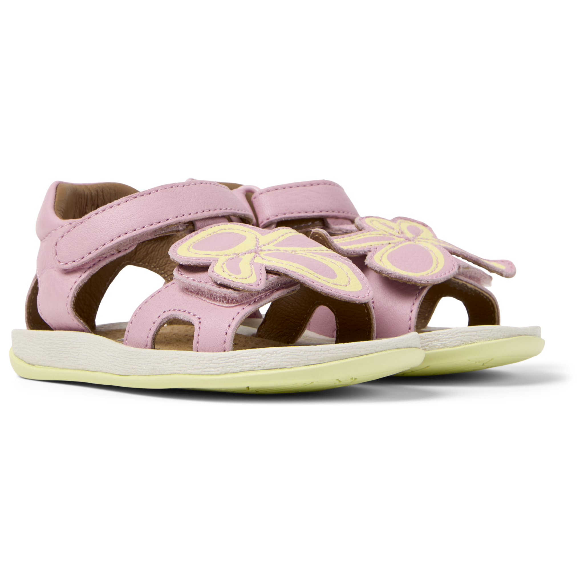 Open sandals in pink leather with flowers, Twins