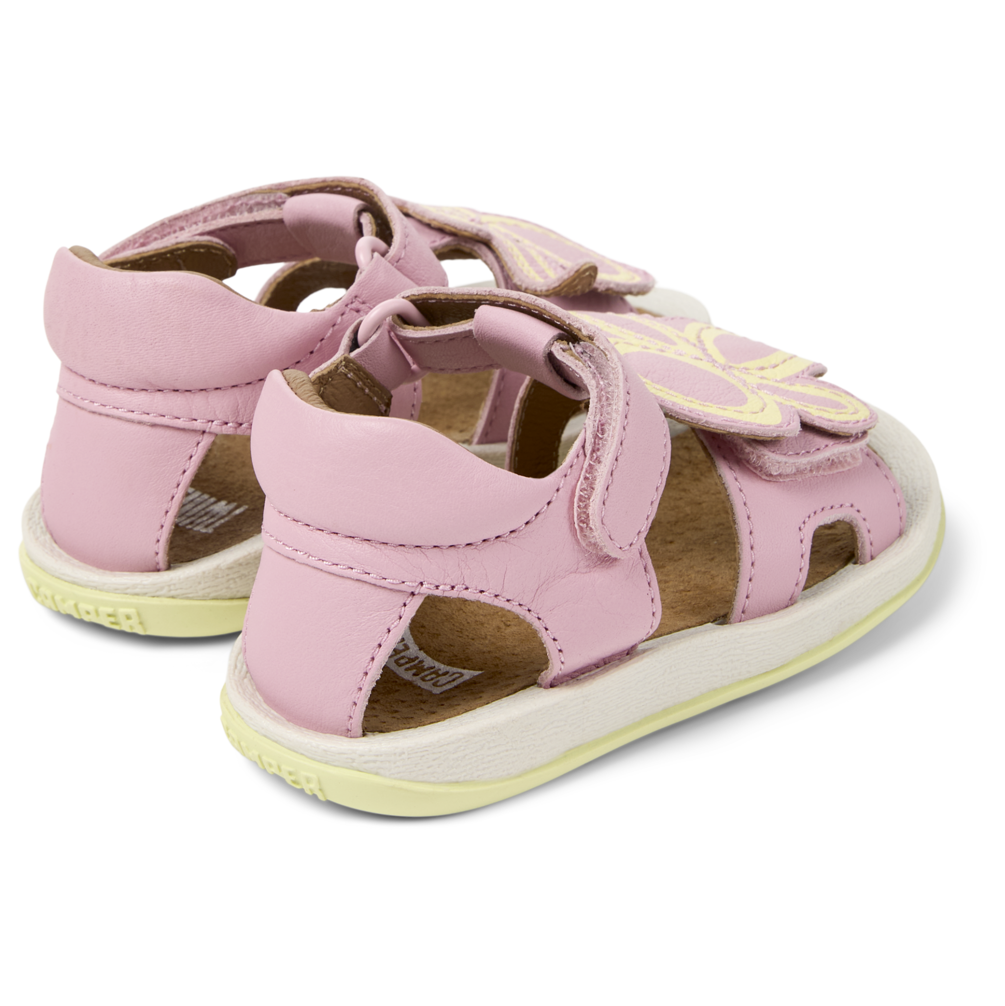 Open sandals in pink leather with flowers, Twins