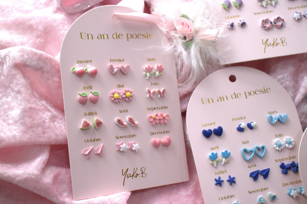 Set of 12 pairs of earrings, A year of poetry - Blue