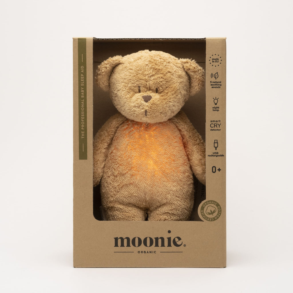 Moonie Humming bear in organic cotton with nightlight, Cappuccino