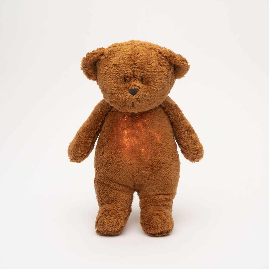 Moonie Humming bear in organic cotton with nightlight, Caramel