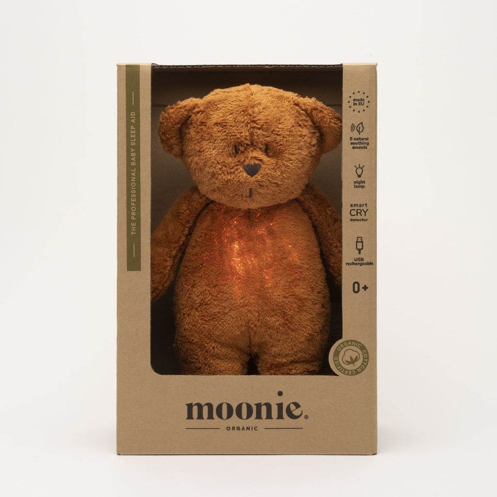 Moonie Humming bear in organic cotton with nightlight, Caramel