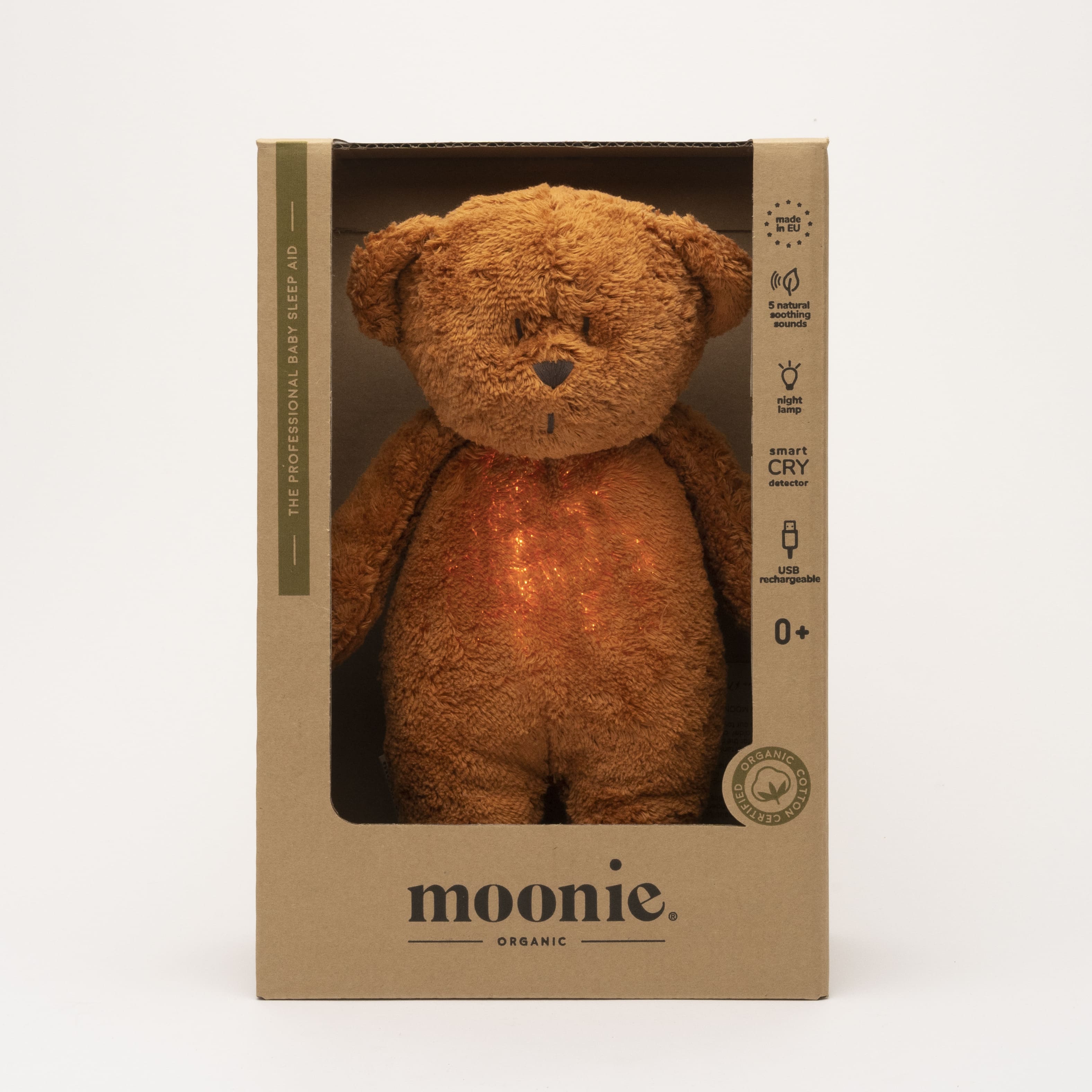 Moonie Humming bear in organic cotton with nightlight, Caramel