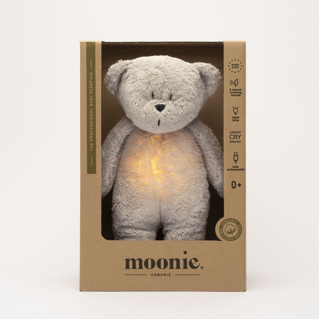 Moonie Humming bear in organic cotton with nightlight, Grey