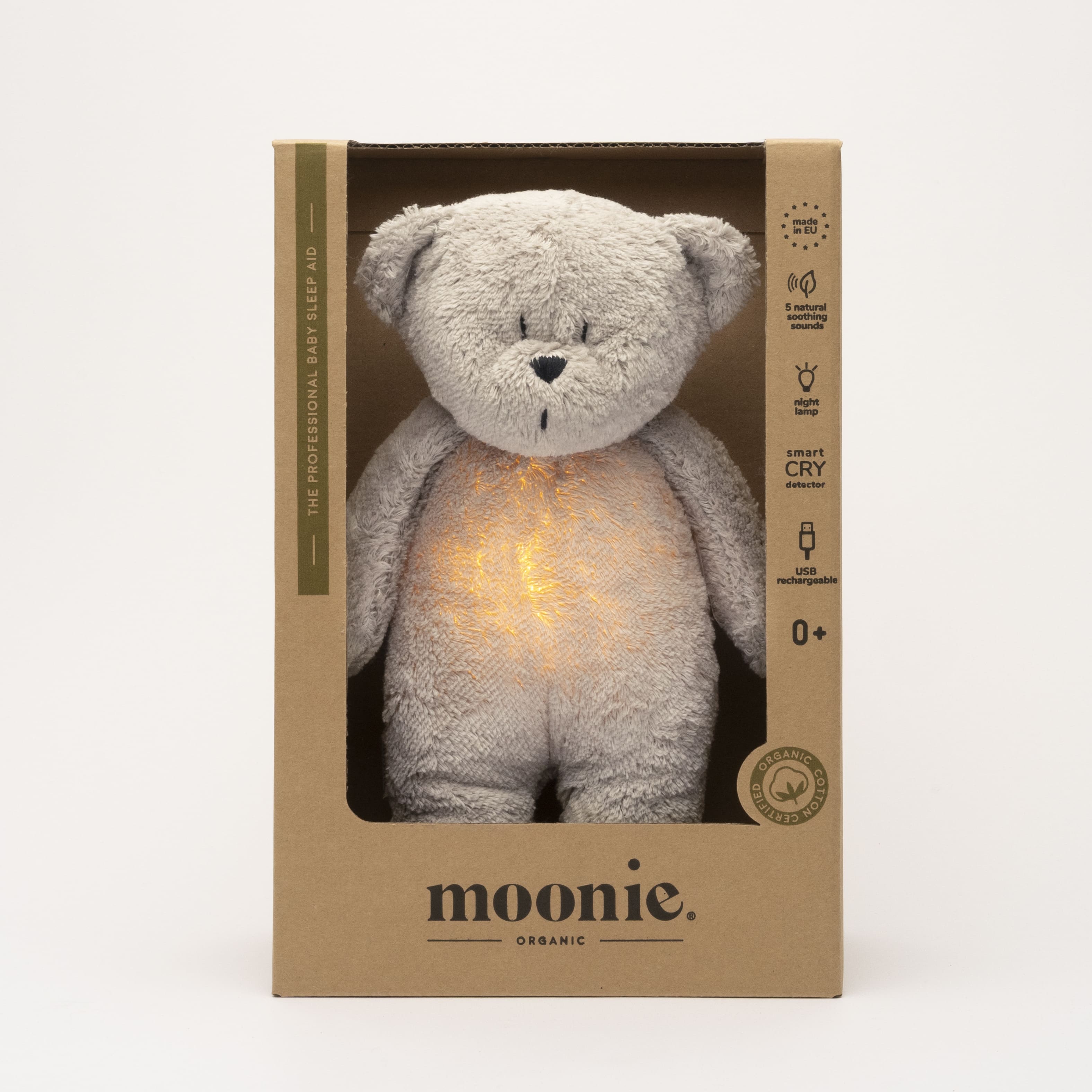 Moonie Humming bear in organic cotton with nightlight, Grey