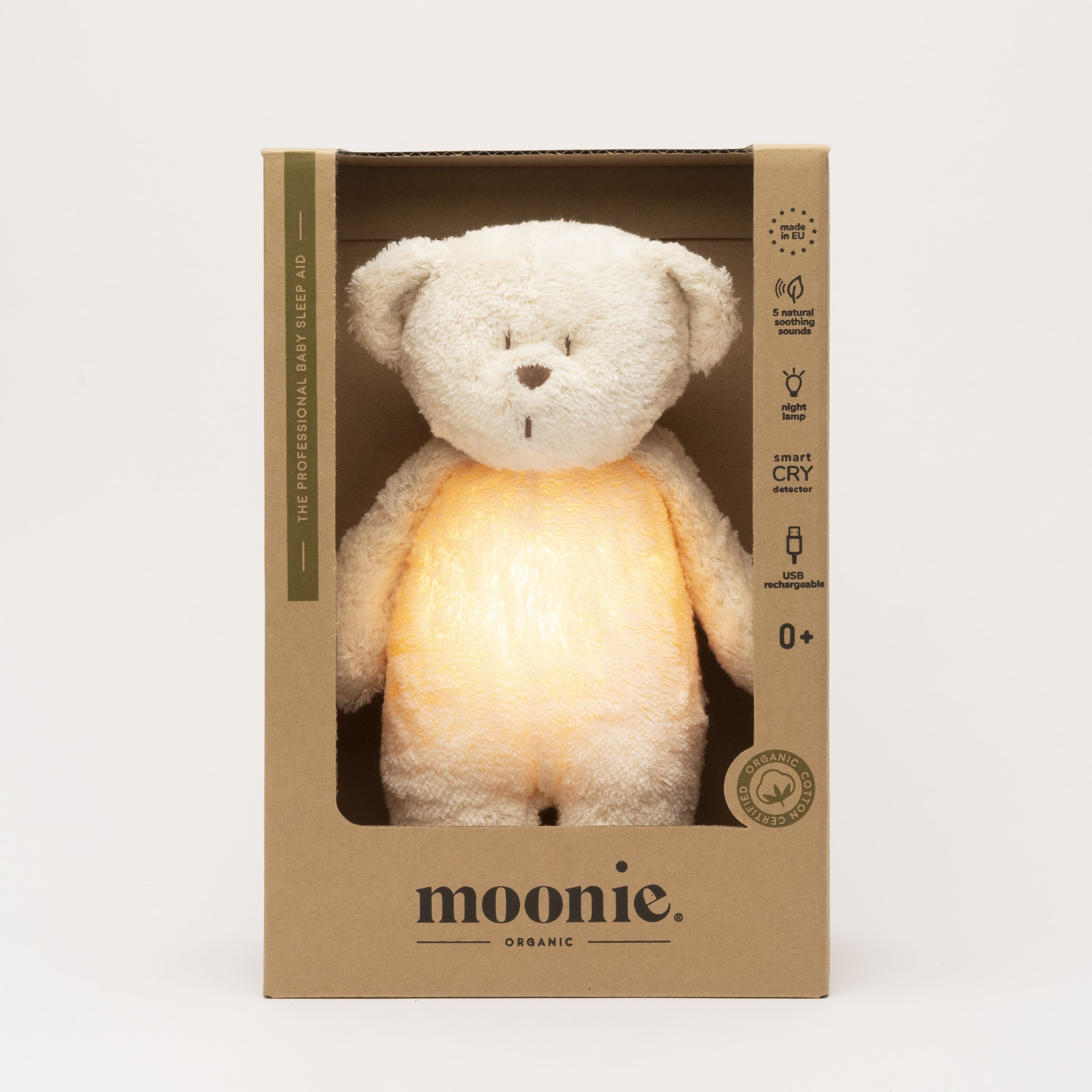 Moonie Humming bear in organic cotton with nightlight, Polar
