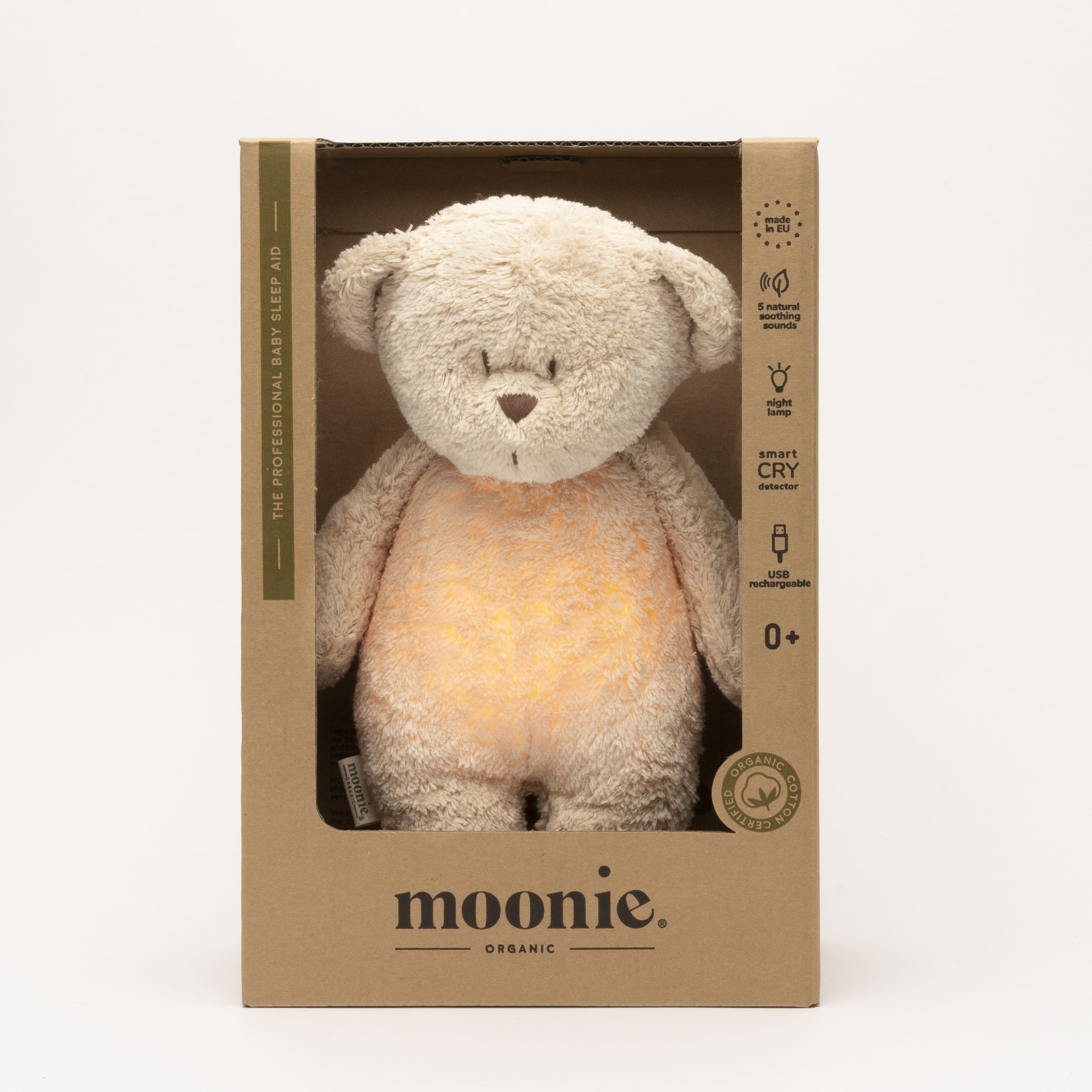 Moonie Humming bear in organic cotton with nightlight, Sand