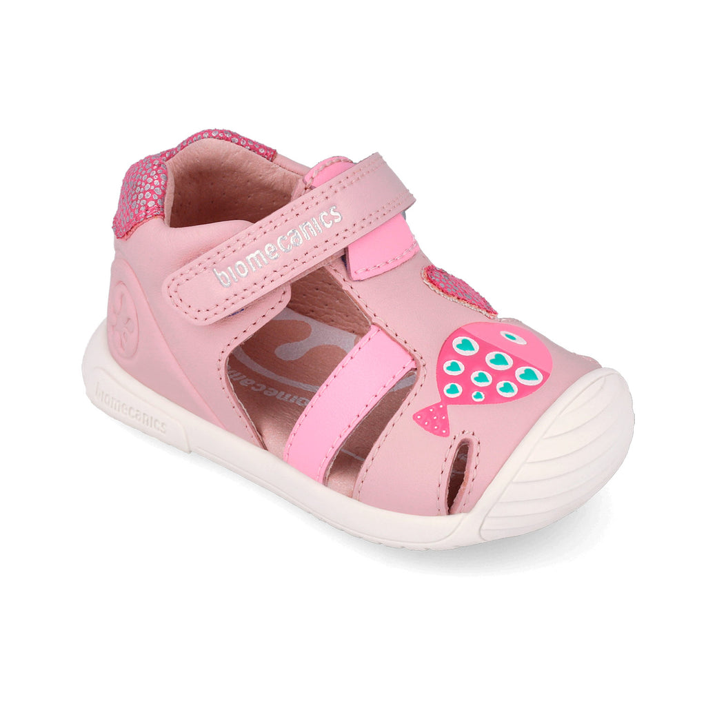 Leather first-step sandals, Pink fish