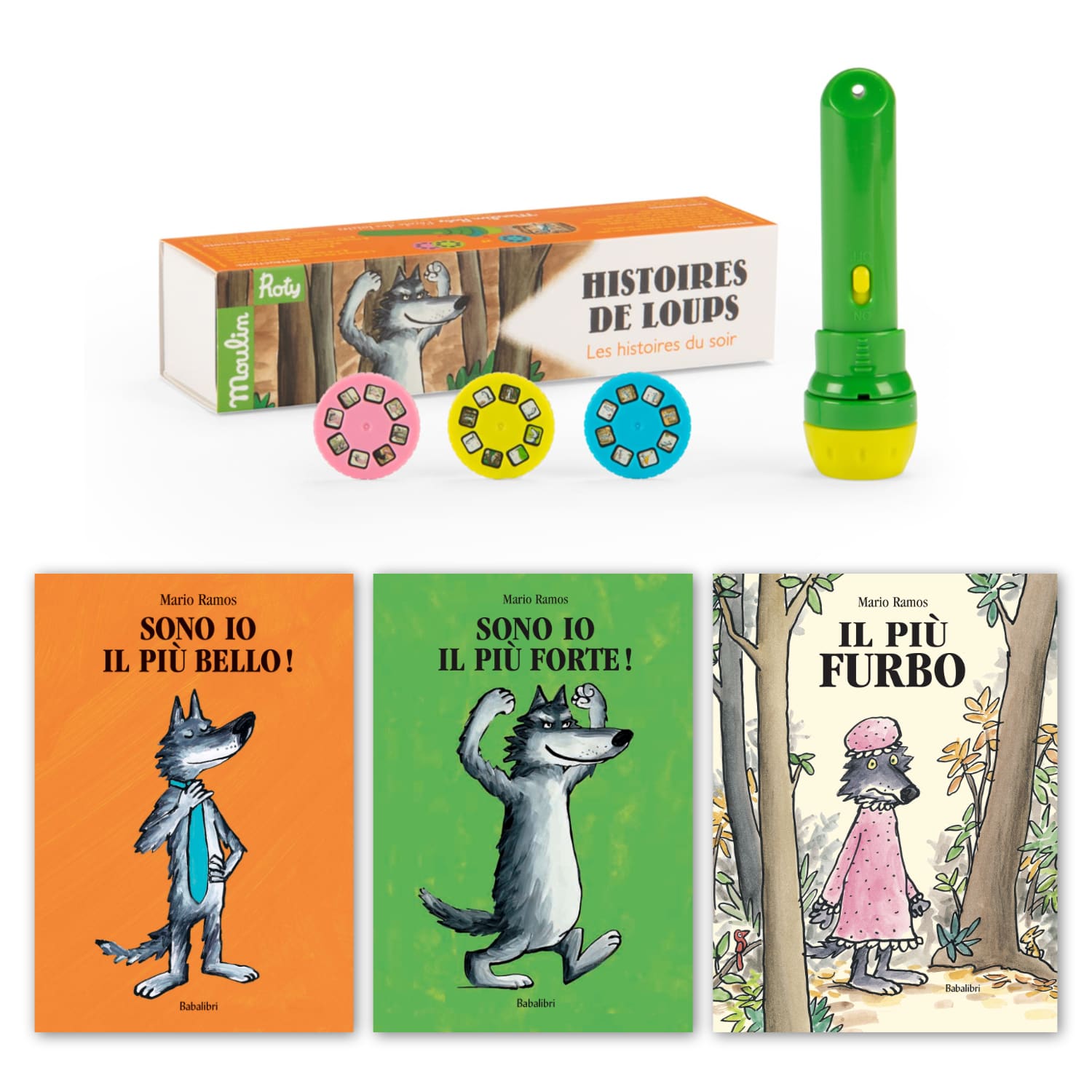 Pacchetto Lampada proietta storie e 3 Libri, Lupo