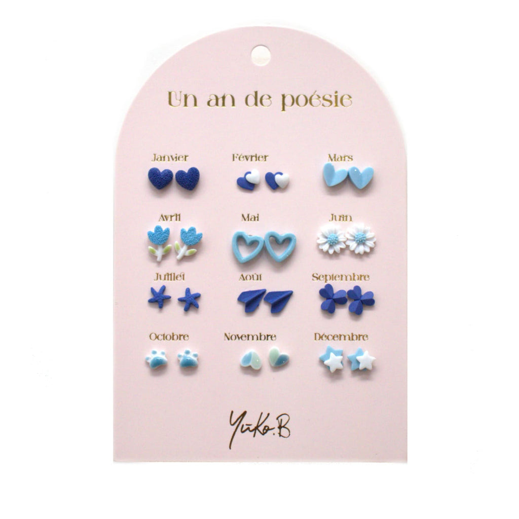 Set of 12 pairs of earrings, A year of poetry - Blue