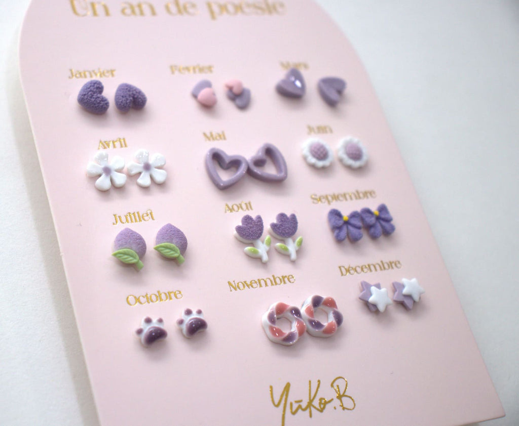 Set of 12 pairs of earrings, A year of poetry - Lilac