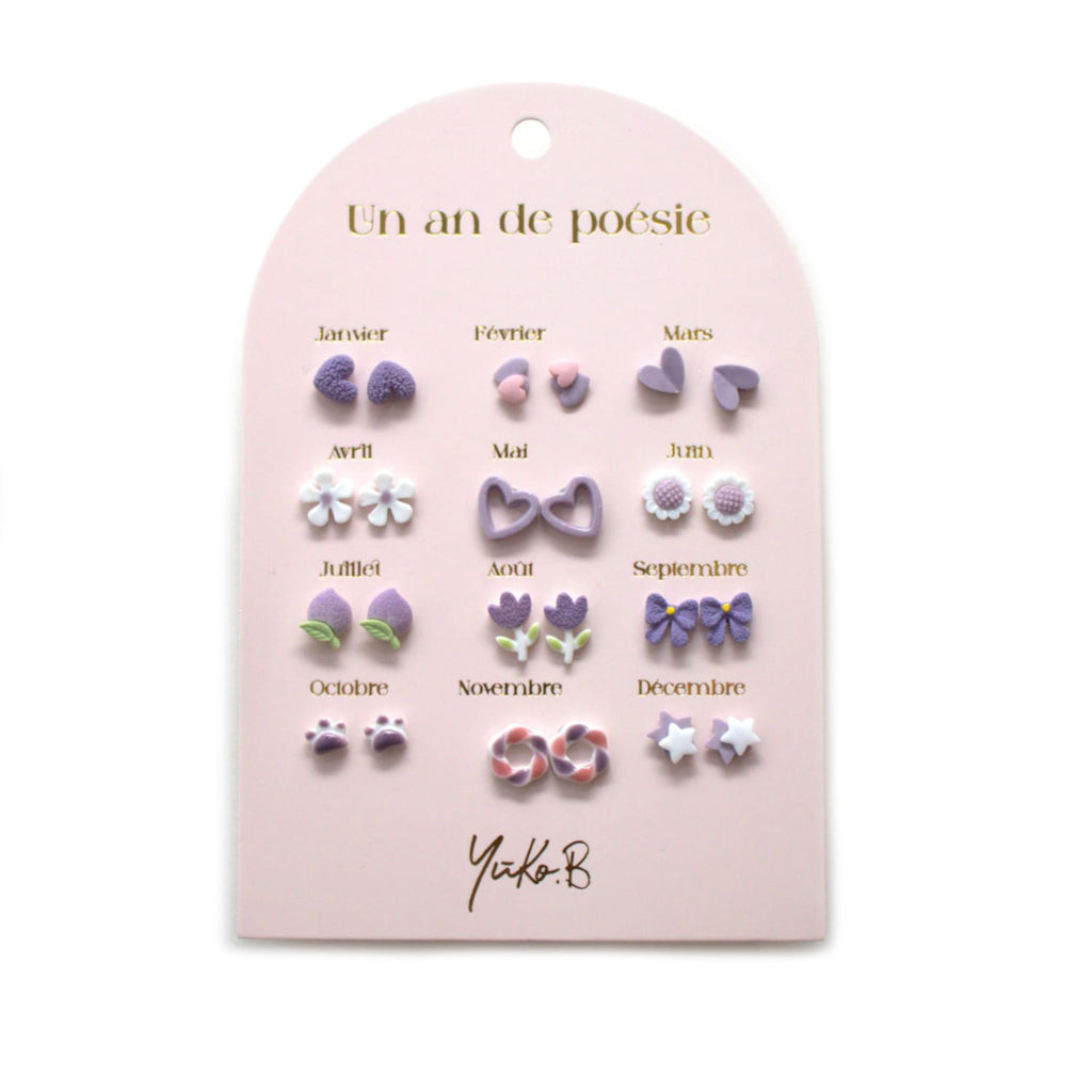 Set of 12 pairs of earrings, A year of poetry - Lilac
