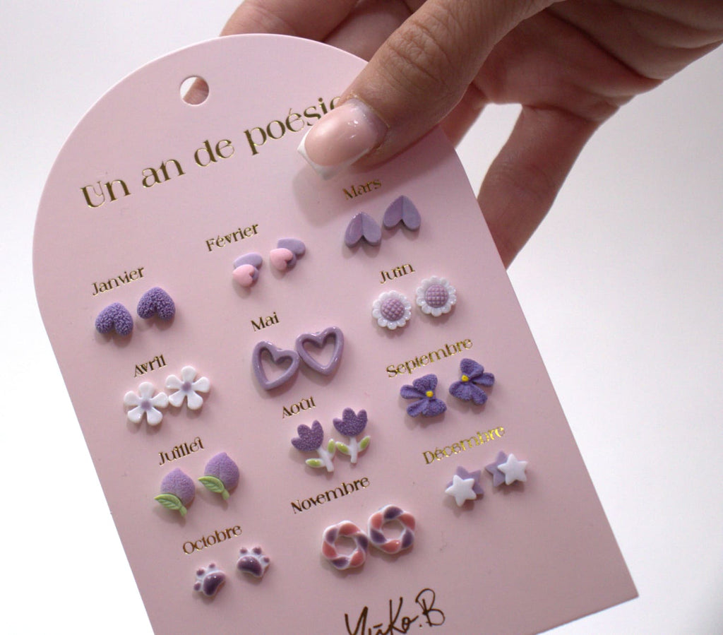 Set of 12 pairs of earrings, A year of poetry - Lilac