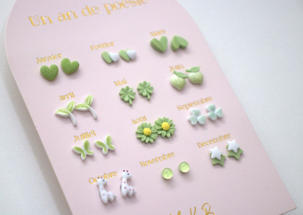 Set of 12 pairs of earrings, A year of poetry - Green