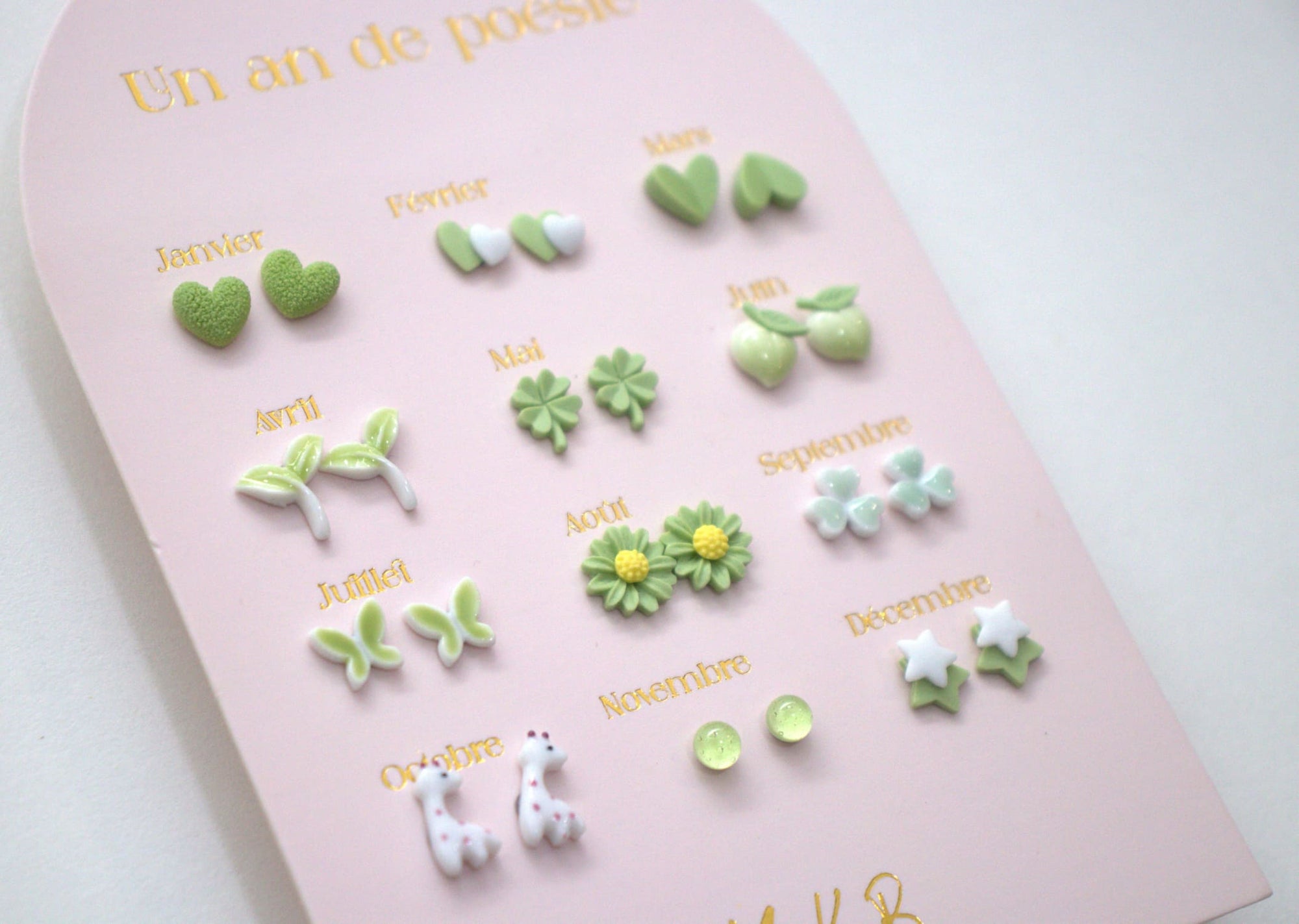 Set of 12 pairs of earrings, A year of poetry - Green