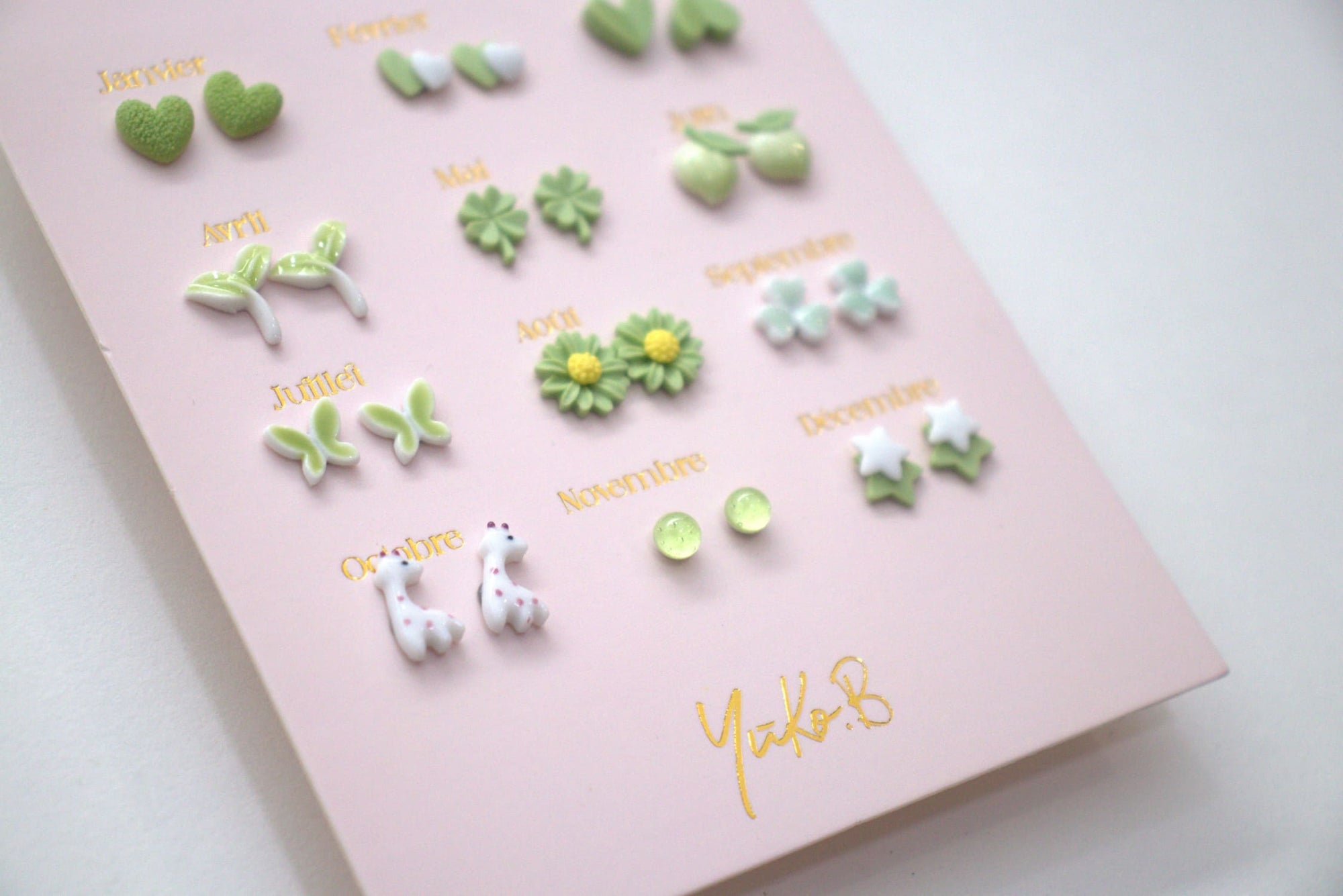 Set of 12 pairs of earrings, A year of poetry - Green
