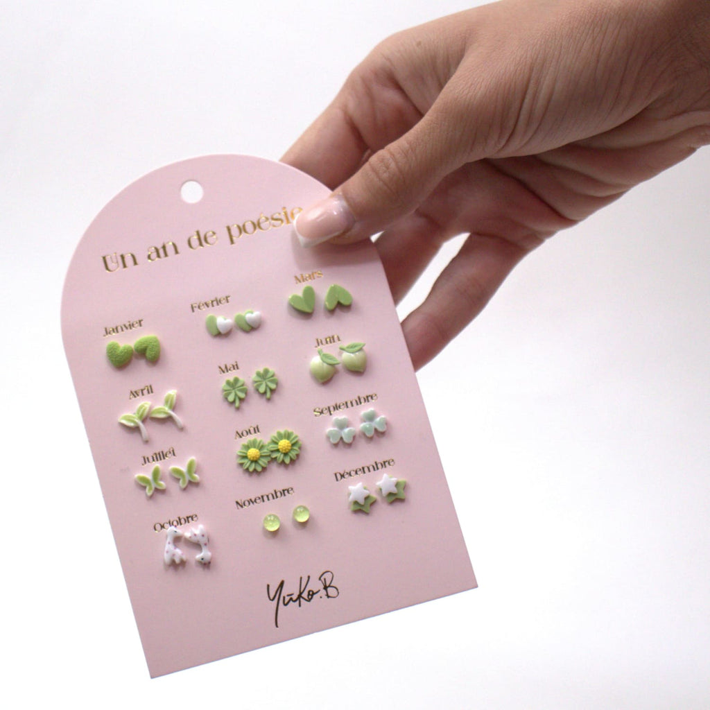 Set of 12 pairs of earrings, A year of poetry - Green