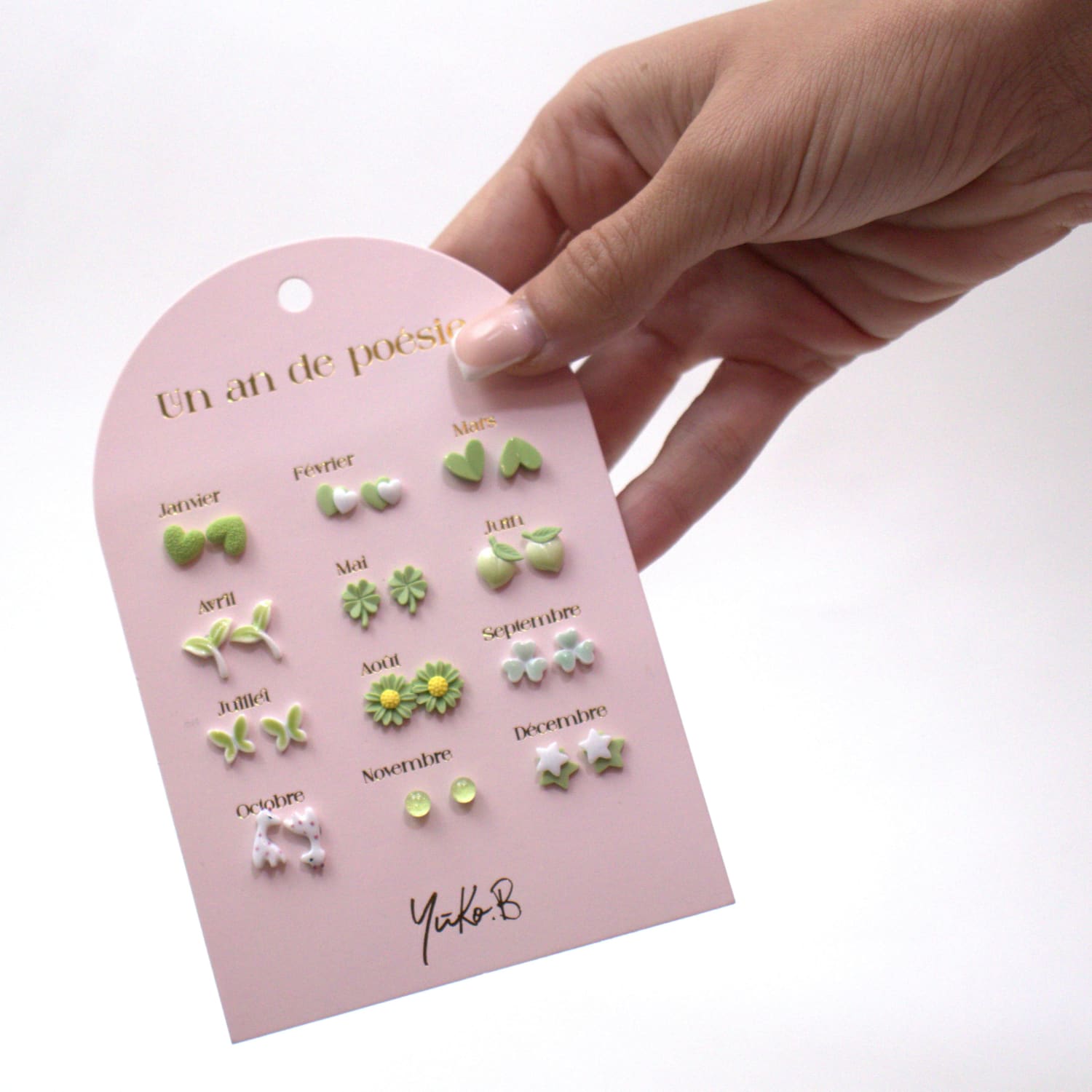 Set of 12 pairs of earrings, A year of poetry - Green