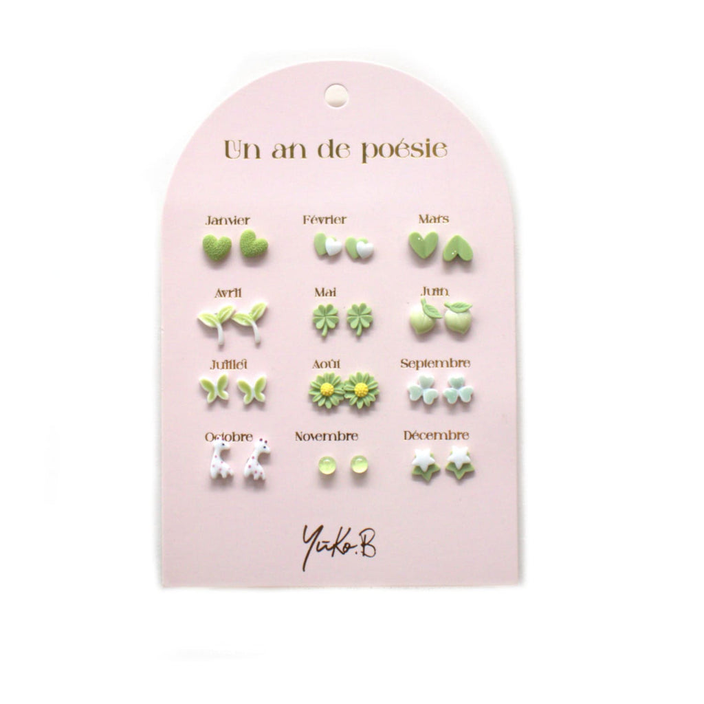 Set of 12 pairs of earrings, A year of poetry - Green