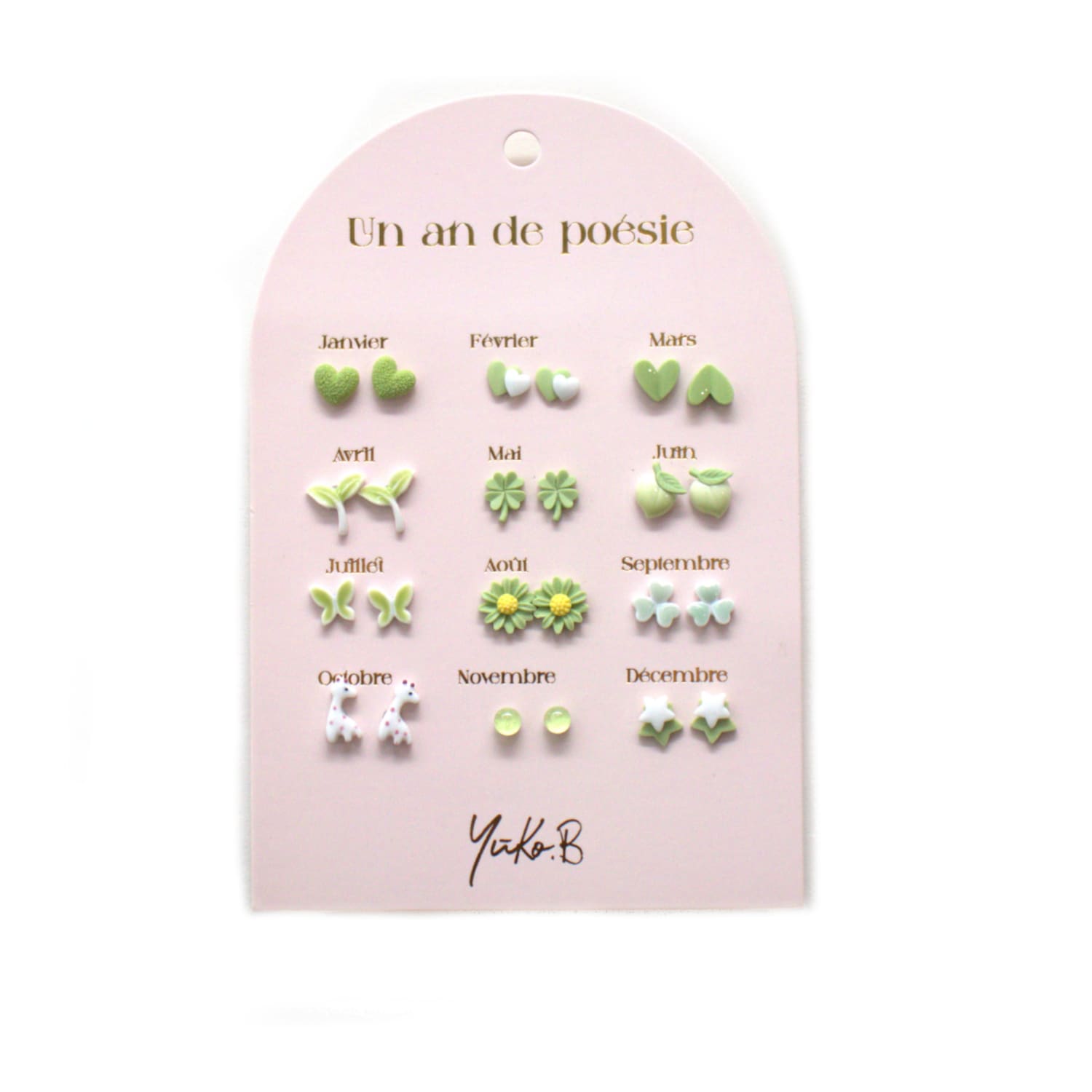 Set of 12 pairs of earrings, A year of poetry - Green