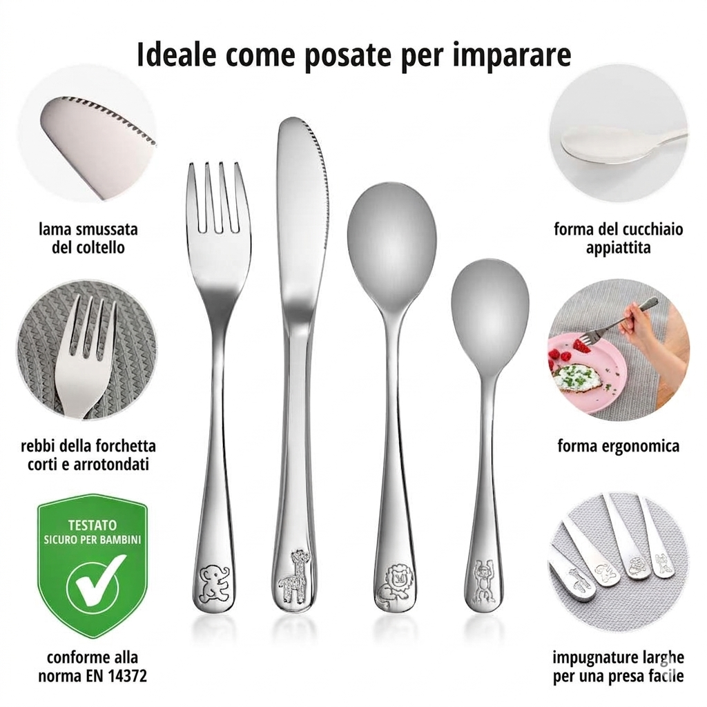 Set posate bambino in acciaio inox, 4 pezzi