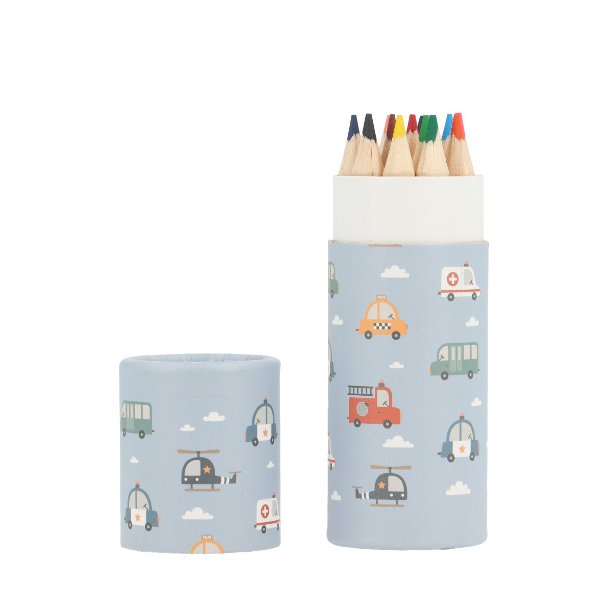 Tube of 12 colored pencils, City cars