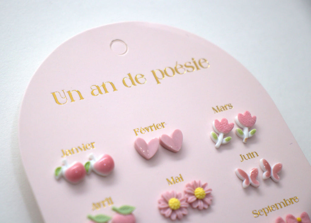 Set of 12 pairs of earrings, A year of poetry - Pink