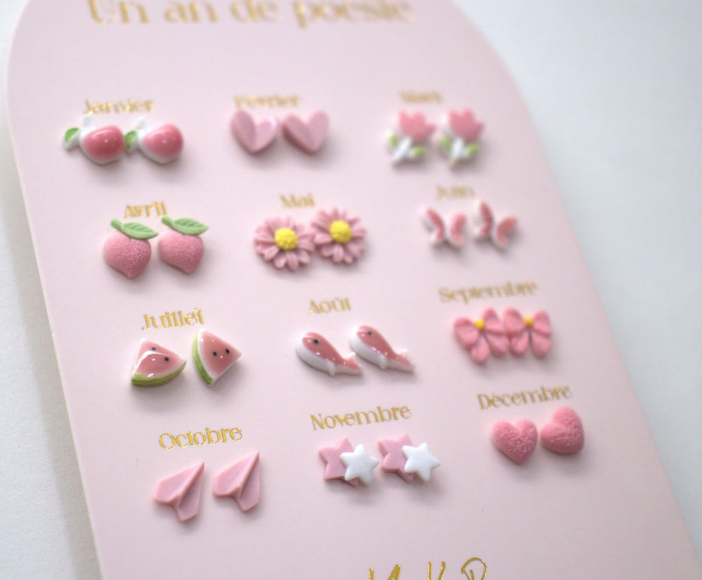 Set of 12 pairs of earrings, A year of poetry - Pink